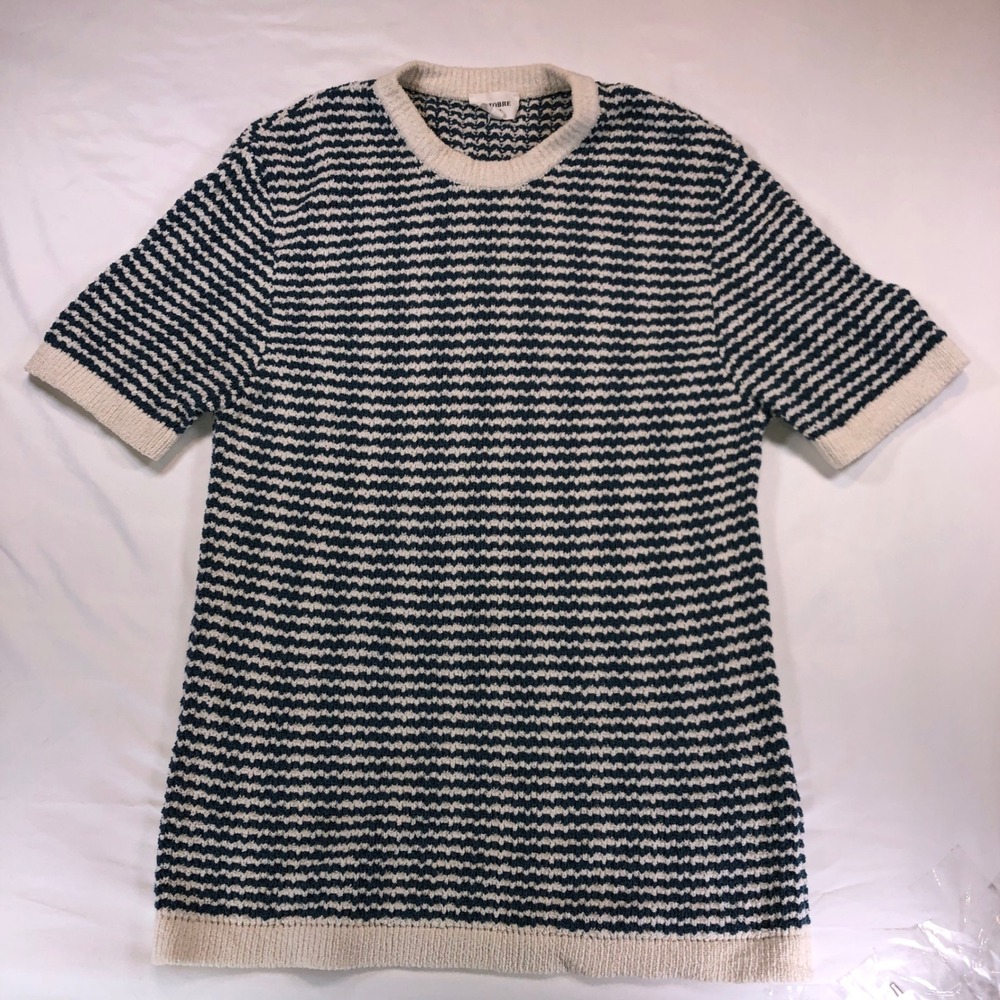 Octobre Editions Mens Striped Short Sleeve Knit Sweater Navy White Cotton XL